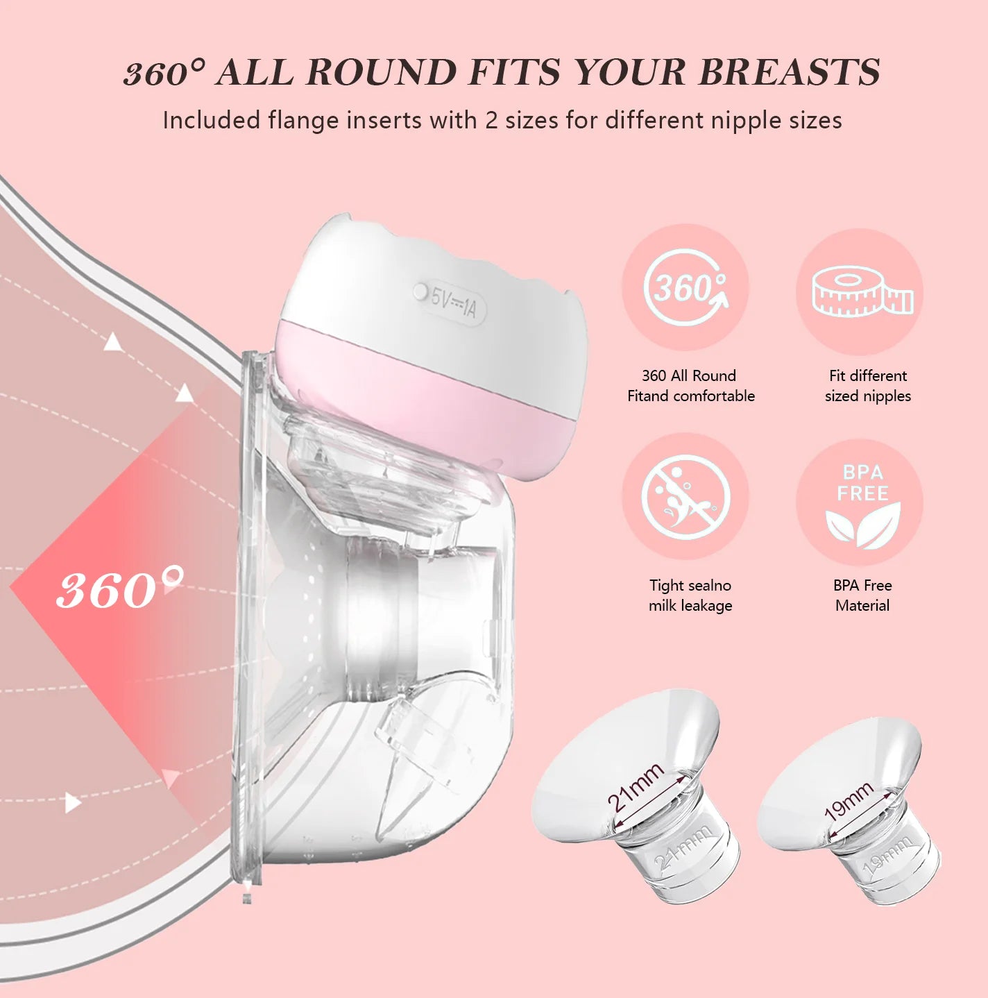 Electric Breast Pump, Wearable Hands-Free Breast Pumps with 3 Modes, 9 Levels, Pink