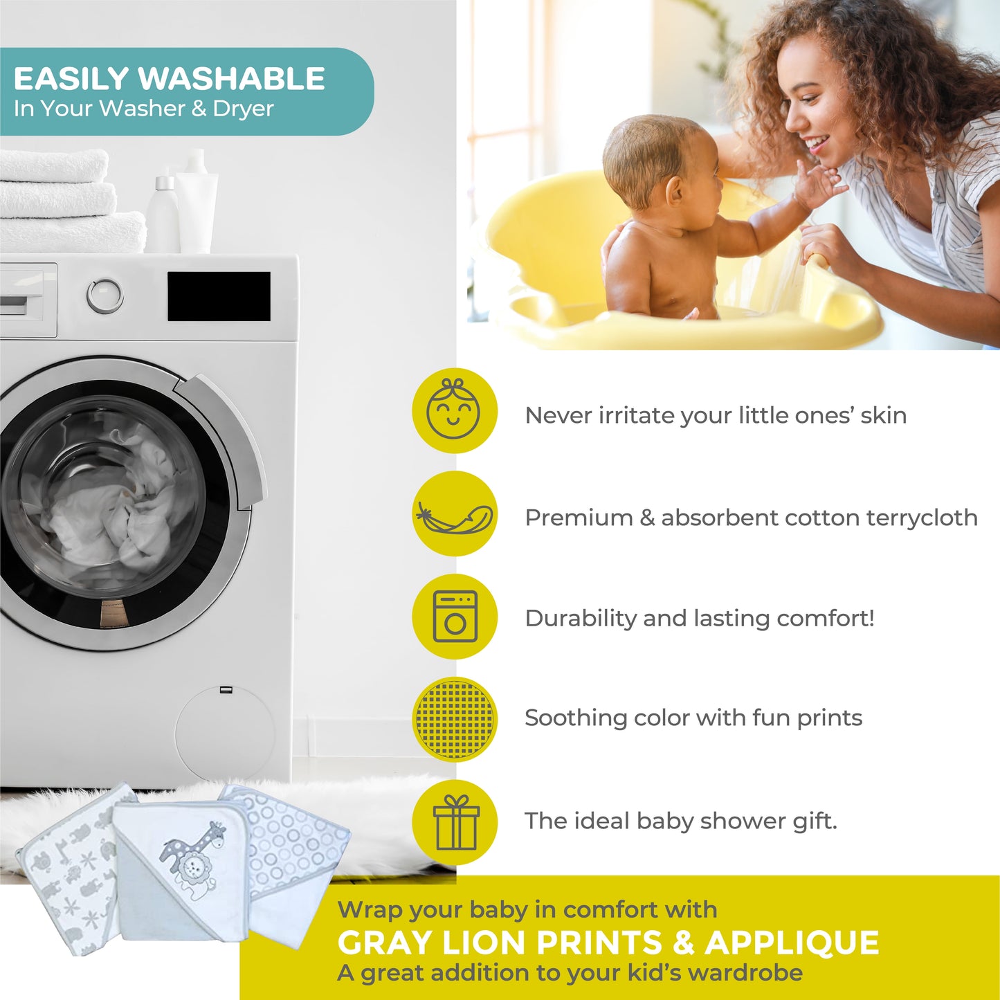 Bath Hooded Towels & Washcloths Set for Babies, 23-Piece Gift Set, Gray Lion