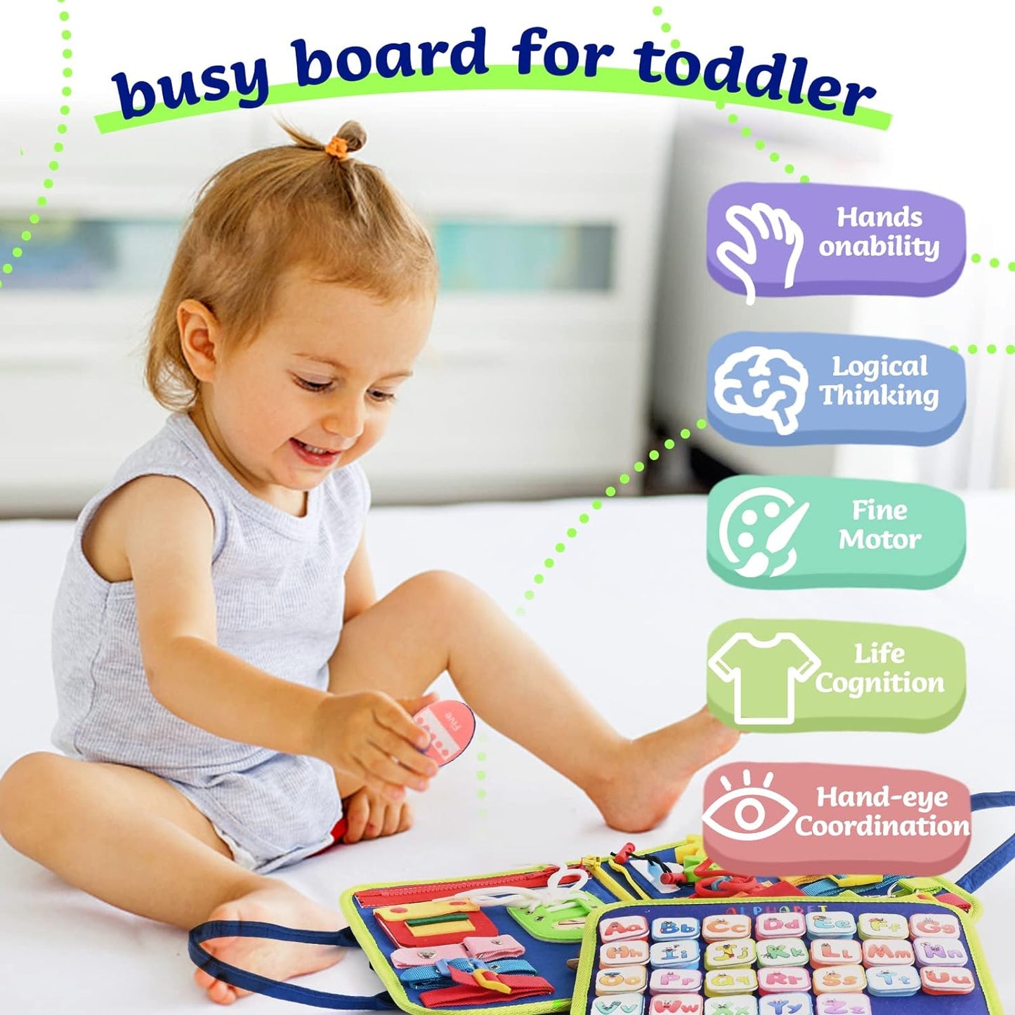 Montessori Busy Board | 1-4 Year Old Toddler Learning Toy | Fine Motor Skills Development | Montessori Sensory Playset | Early Childhood Education Tool | Portable Travel Preschool Activity Kit