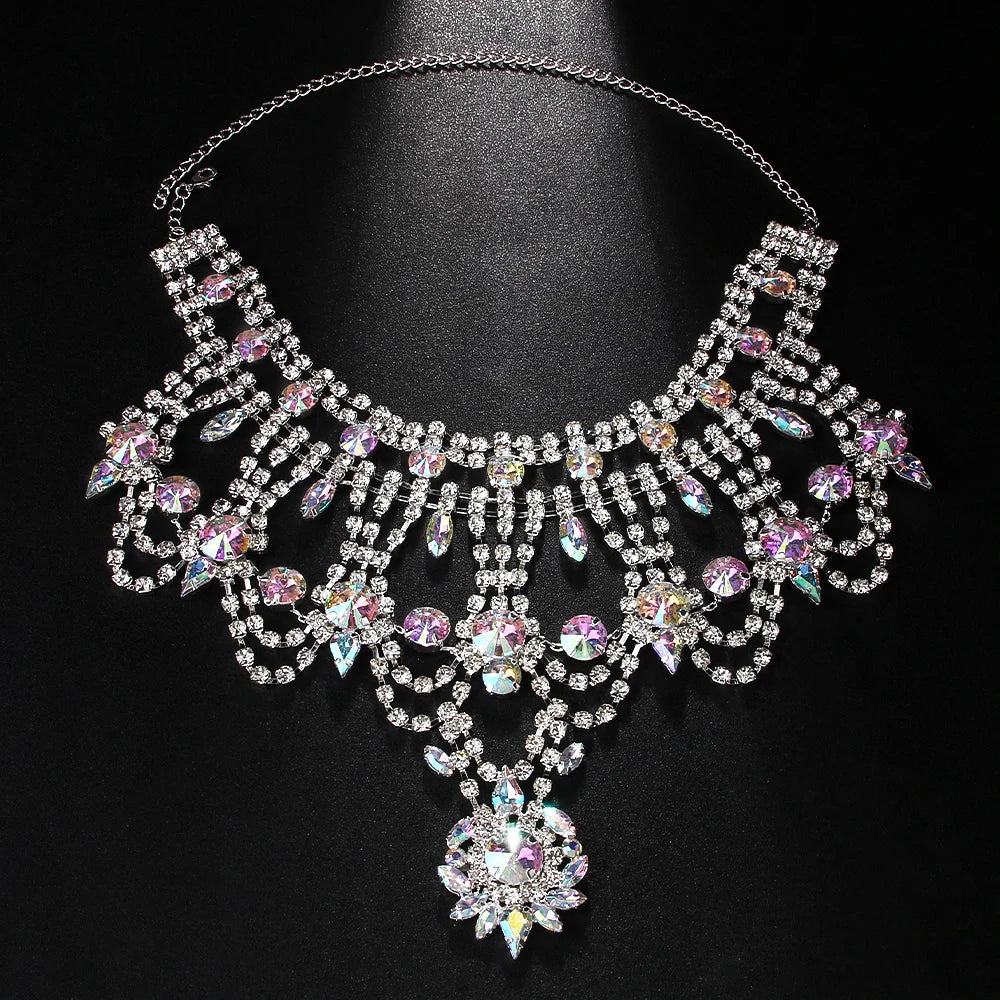 Statement Iridescent Rhinestone Collar Necklace – Chunky Crystal Choker for Women