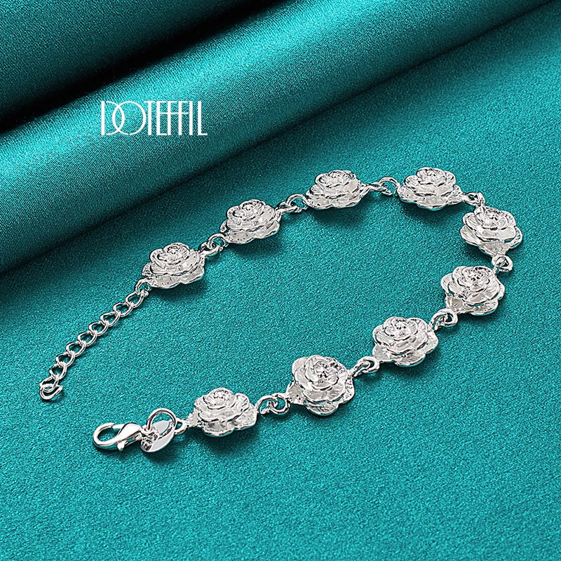 DOTEFFIL 925 Sterling Silver Rose Flower Chain Bracelet – Women's Wedding Charm Jewelry