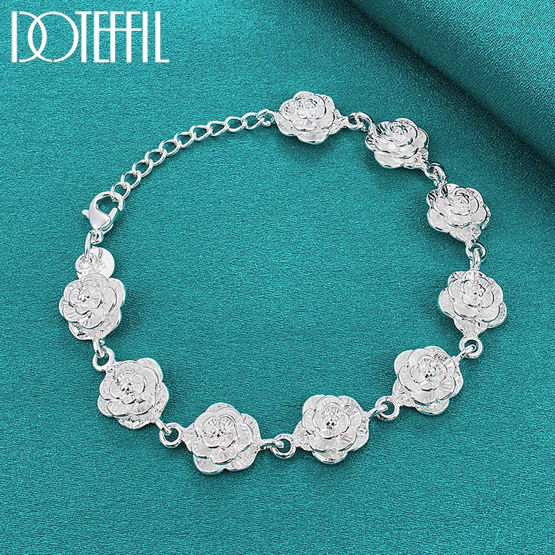 DOTEFFIL 925 Sterling Silver Rose Flower Chain Bracelet – Women's Wedding Charm Jewelry