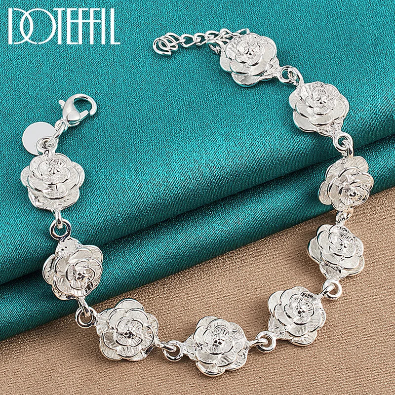 DOTEFFIL 925 Sterling Silver Rose Flower Chain Bracelet – Women's Wedding Charm Jewelry