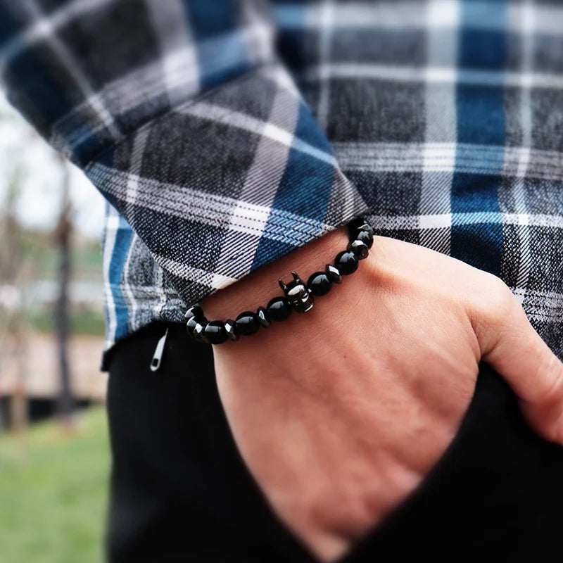 Trendy Volcanic Hematite & Tiger Eye Bracelet – Men’s Zirconia Crown Bracelet