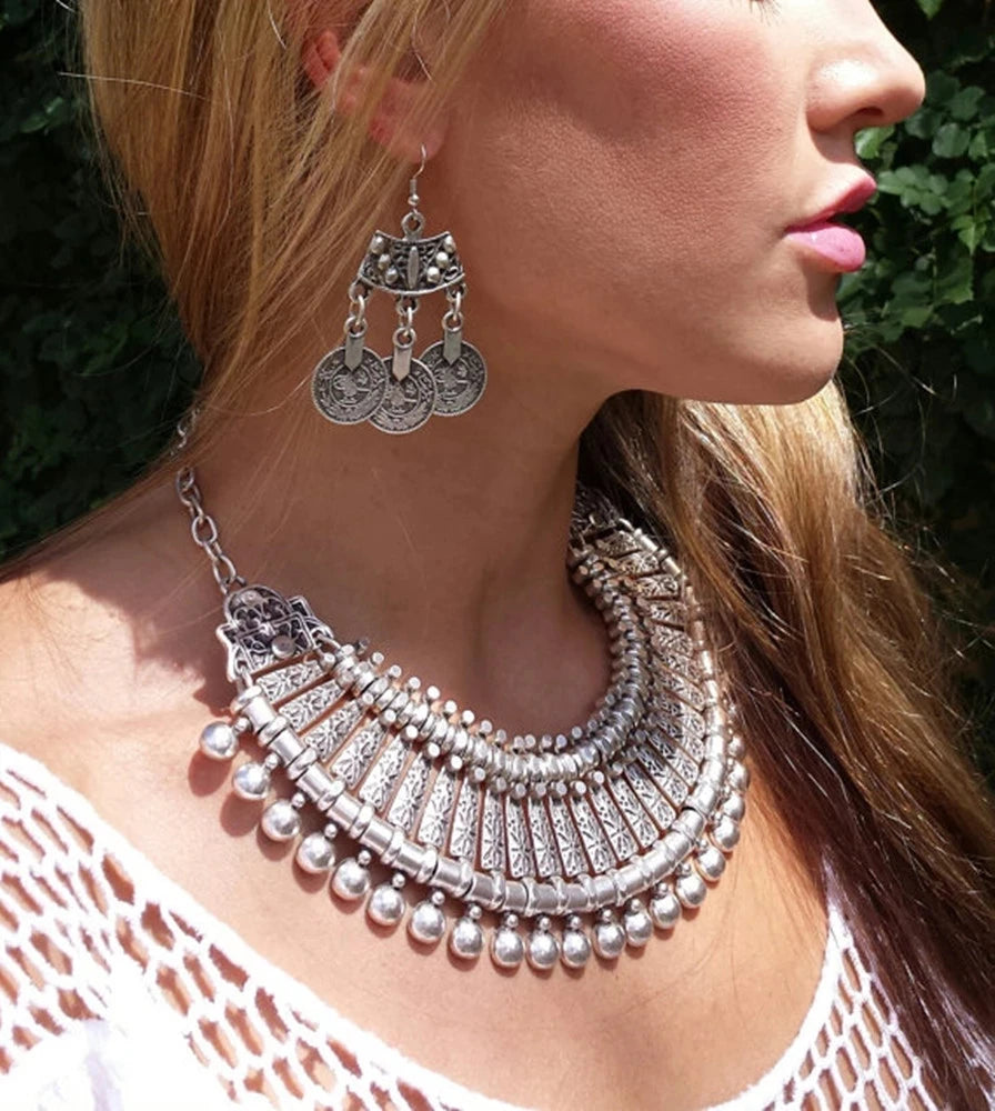 Gypsy Bohemian Chunky Tibetan Silver Necklace – Festival Party Jewelry for Women
