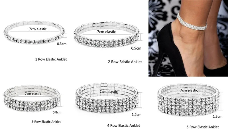 Silver Stretchy Rhinestone Anklet – Multi-Row Crystal Foot Jewelry