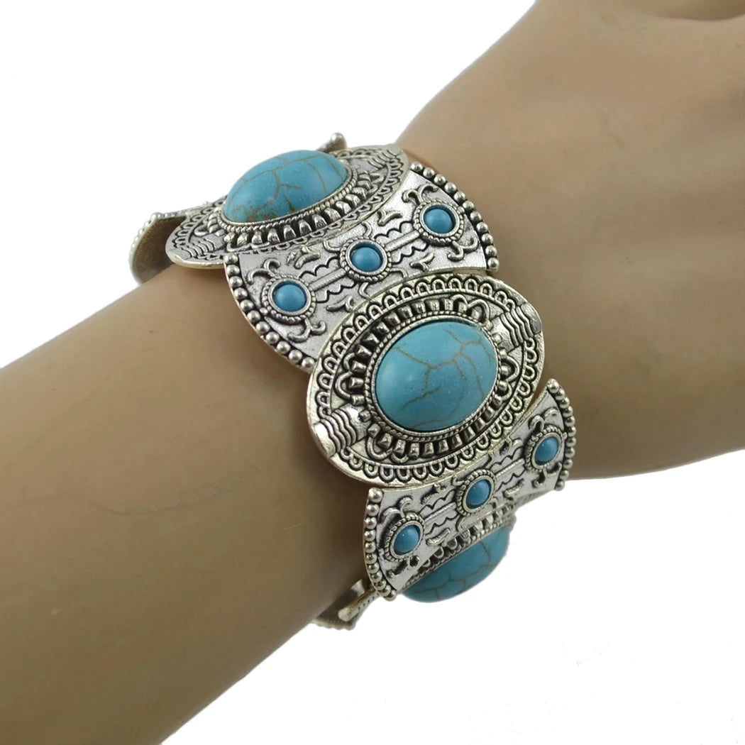 Gypsy Tribal Tibetan Bracelet – Boho Vintage Turquoise Elastic Bangle for Women