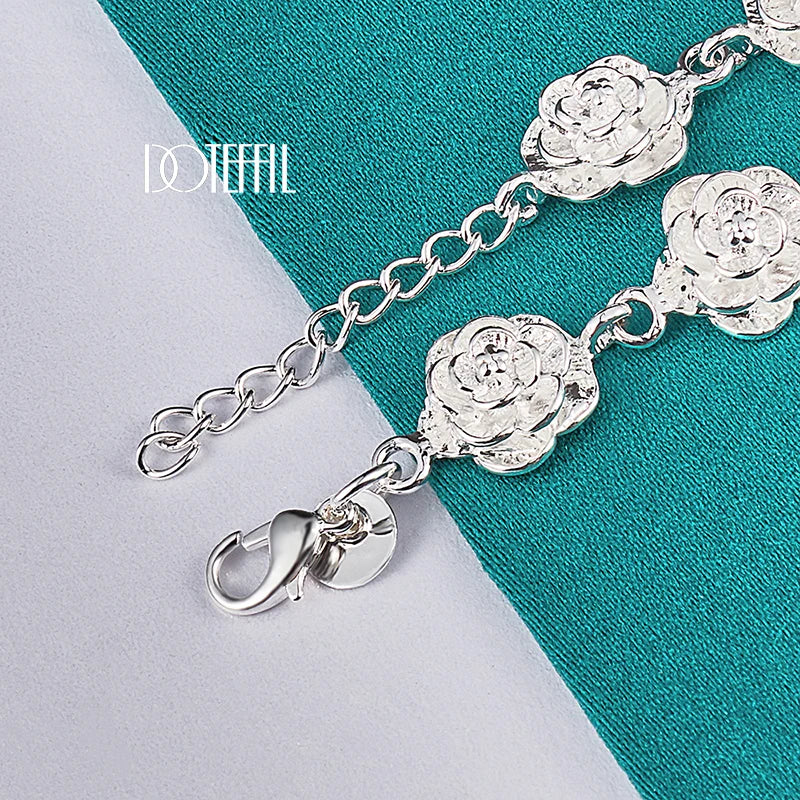 DOTEFFIL 925 Sterling Silver Rose Flower Chain Bracelet – Women's Wedding Charm Jewelry