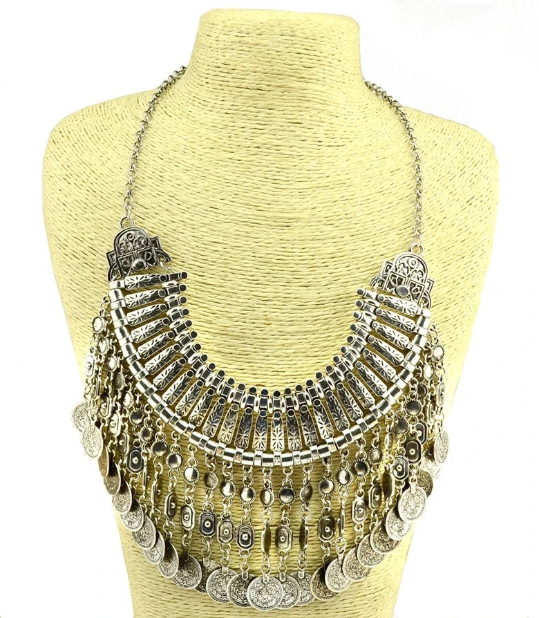 Afghan Boho Tassel Coin Necklace & Earrings Set – Ethnic Statement Jewelry