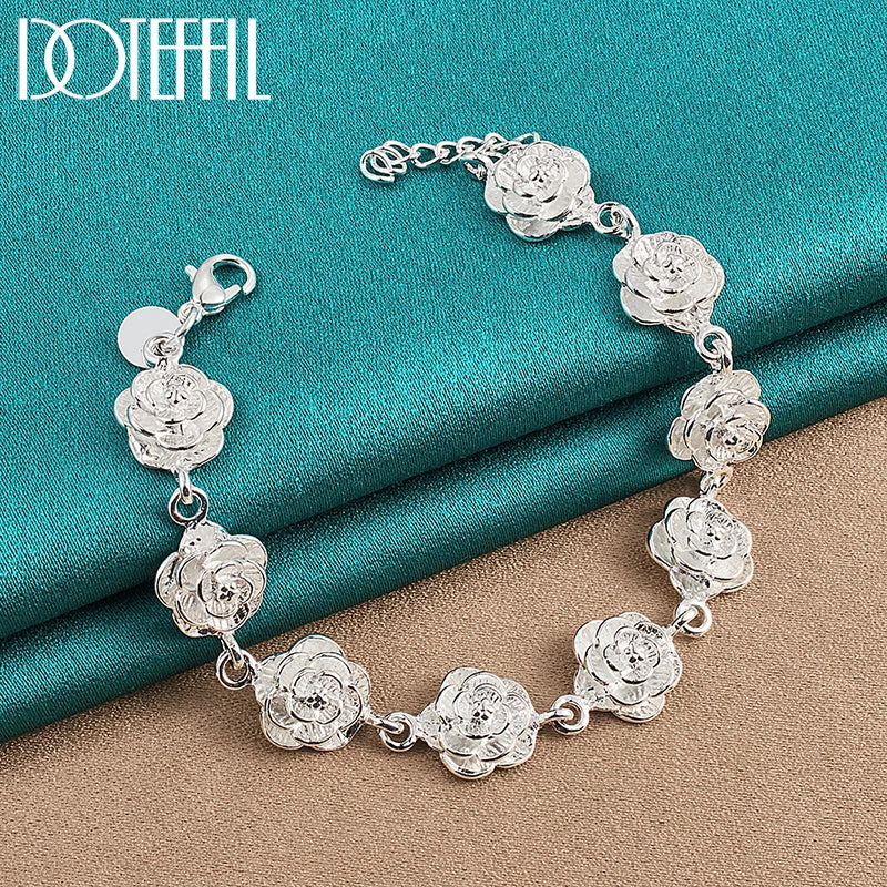 DOTEFFIL 925 Sterling Silver Rose Flower Chain Bracelet – Women's Wedding Charm Jewelry