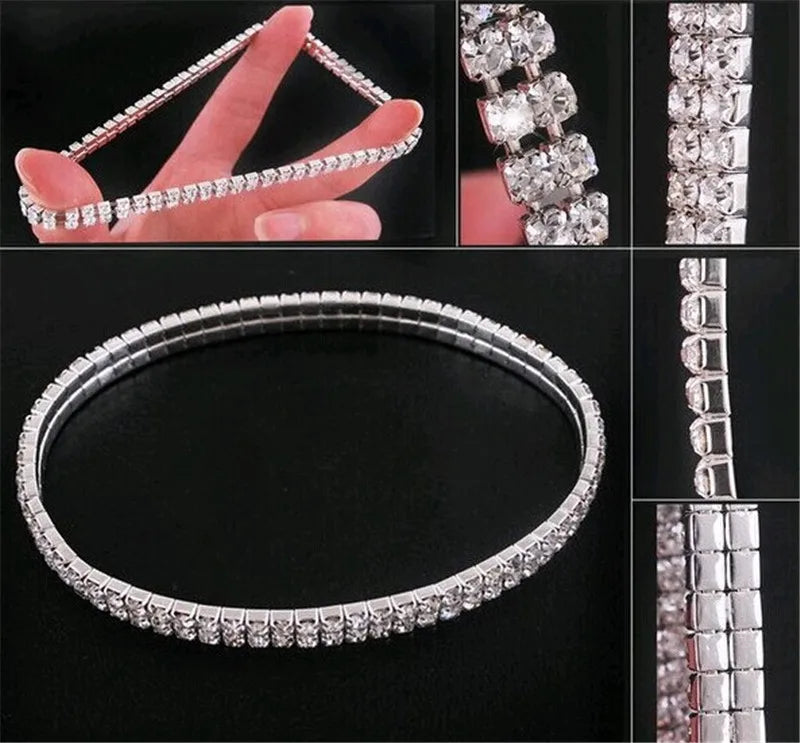 Silver Stretchy Rhinestone Anklet – Multi-Row Crystal Foot Jewelry