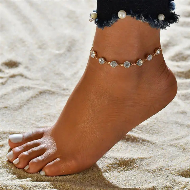 Silver Stretchy Rhinestone Anklet – Multi-Row Crystal Foot Jewelry