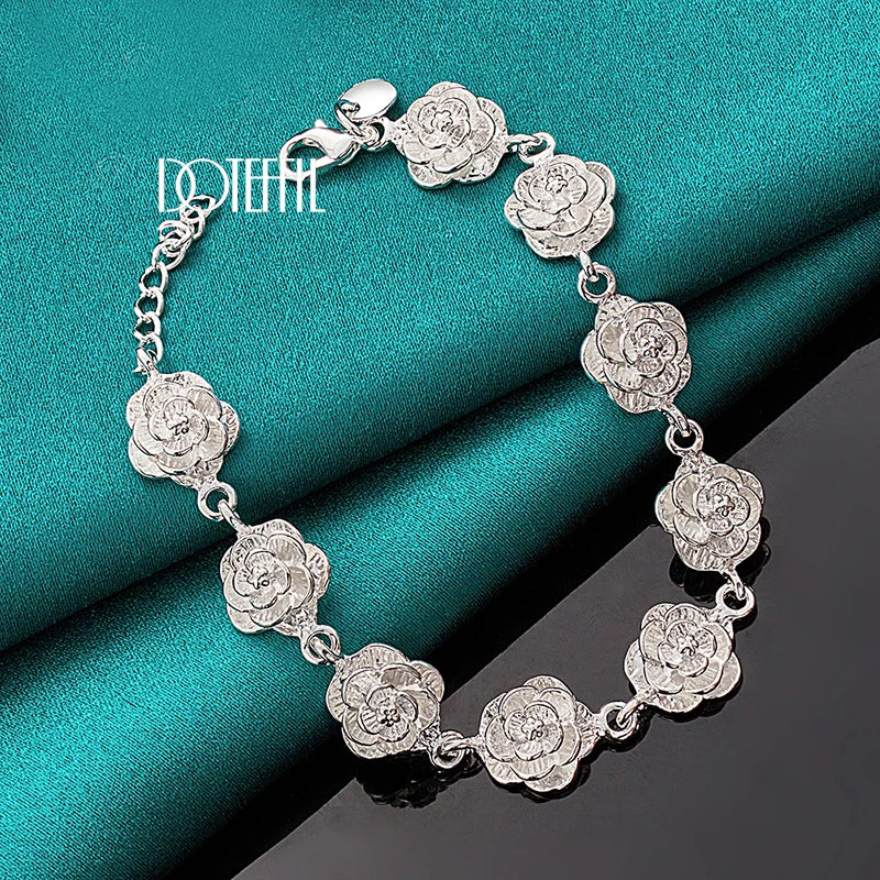 DOTEFFIL 925 Sterling Silver Rose Flower Chain Bracelet – Women's Wedding Charm Jewelry