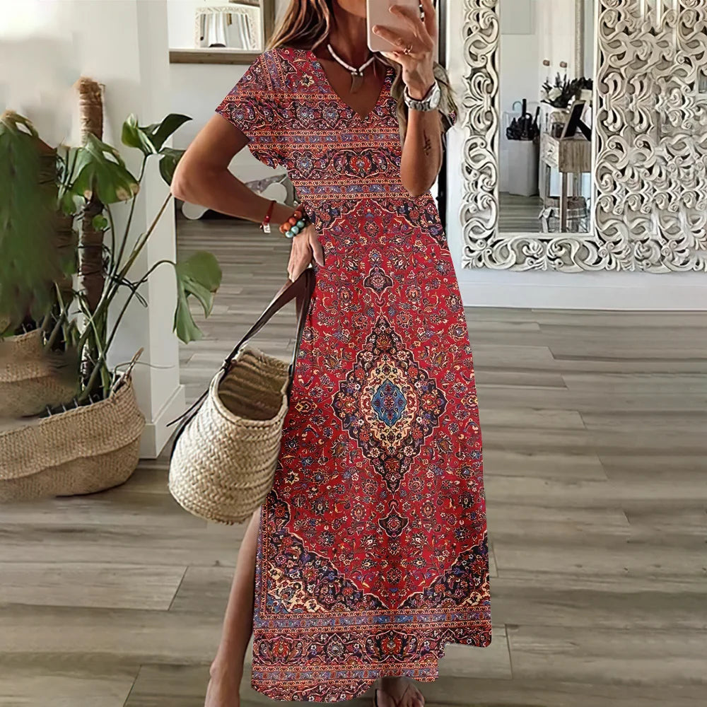 Women’s V-Neck Bohemian Dress – Short Sleeve Summer Skirt with Slit