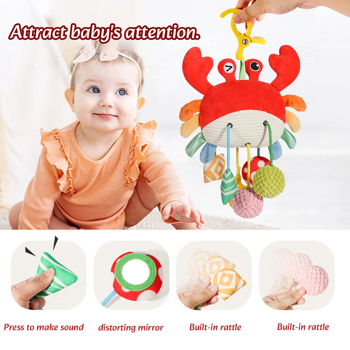 Plush Pull String Sensory Rattle Toy – Montessori Travel Toy for Babies