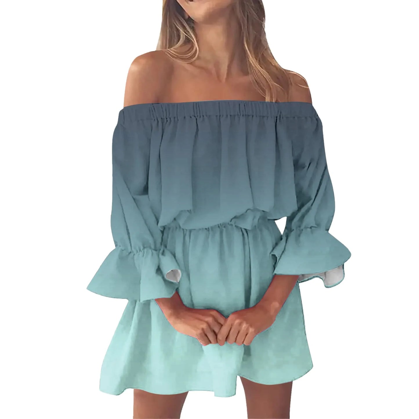 Women’s Gradient Off-Shoulder Boho Sundress – Summer Slash Neck with Ruffles