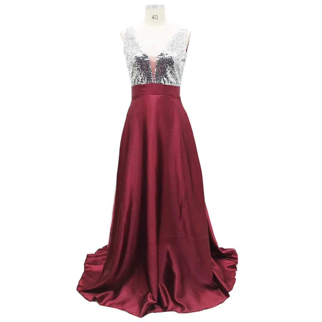 V-Neck Sequin Formal Gown – Sleeveless High-Waist Prom & Party Dress