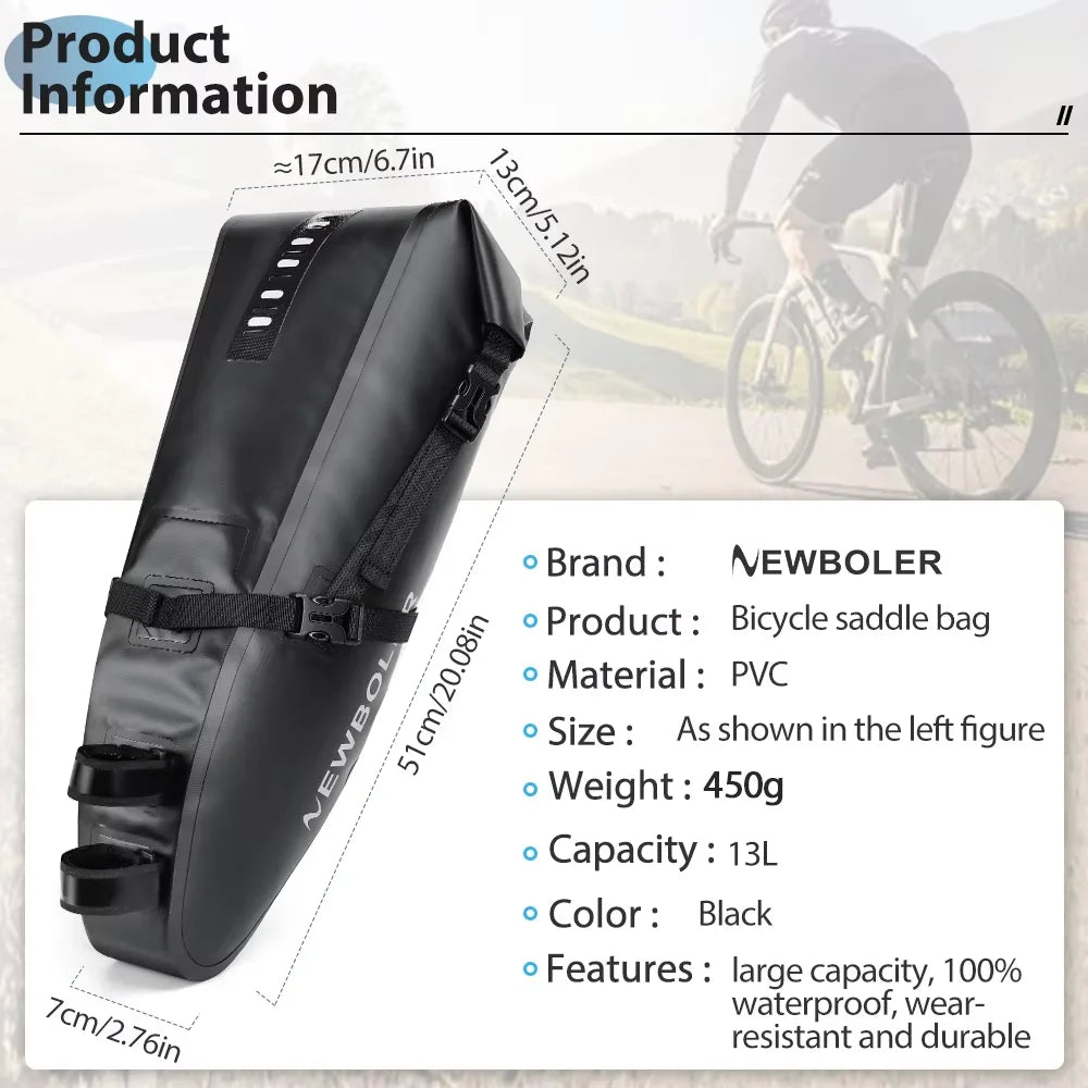 NEWBOLER Waterproof 13L Bike Saddle Bag – Large Capacity Tail Rear Bag for MTB & Road