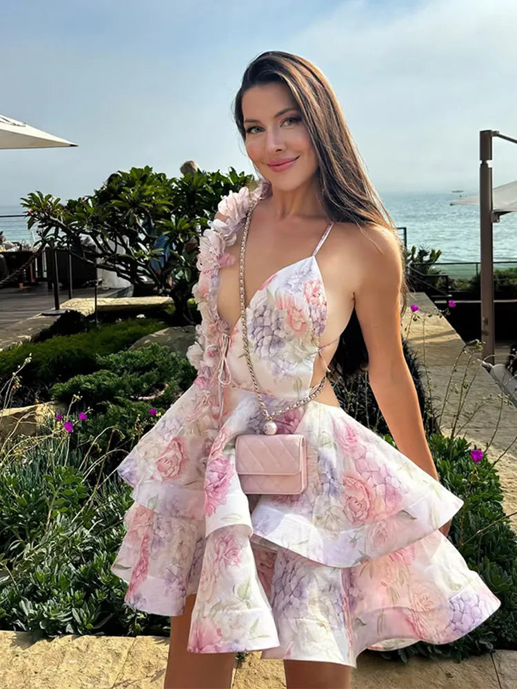 Elegant Floral Puff Sleeve Mini Dress – 3D Flower V-Neck Summer Gown