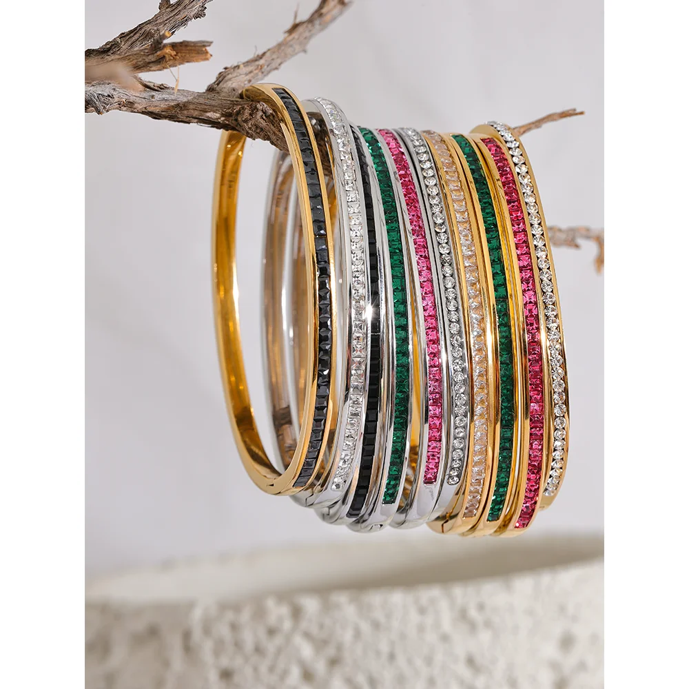 Yhpup CZ Bangle – Round & Square Luxury Stainless Steel Bracelet