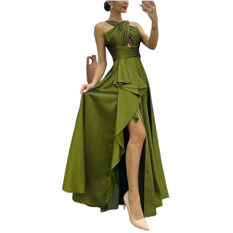 Elegant Sleeveless High Waist Ruffle Slit Corset Prom Dress