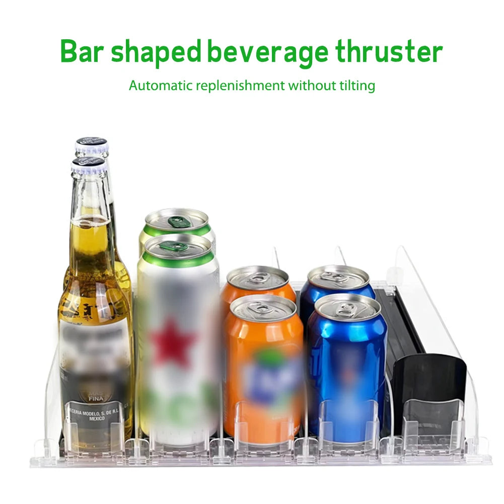 Adjustable Drink Organizer – Spring-Loaded Can & Bottle Dispenser for Fridge or Shelf