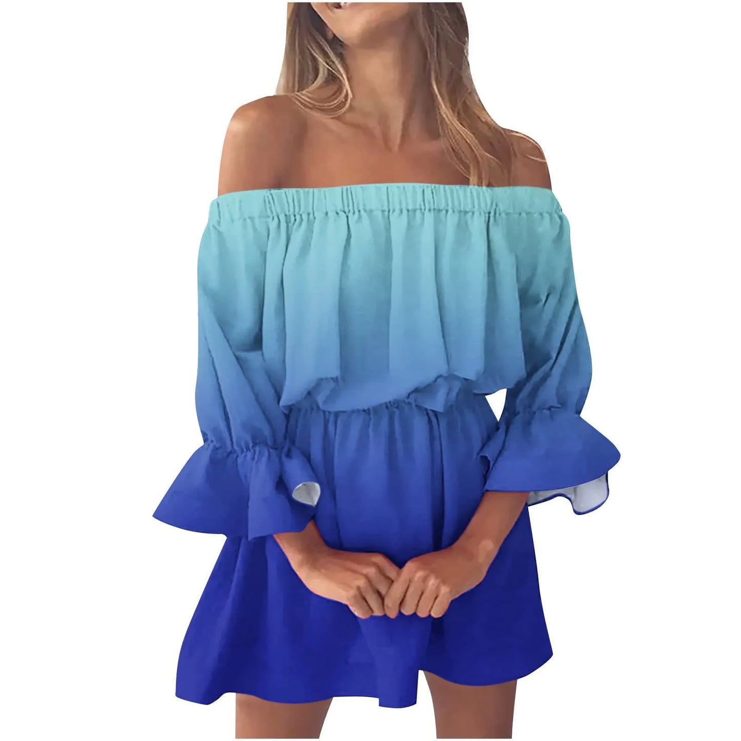 Women’s Gradient Off-Shoulder Boho Sundress – Summer Slash Neck with Ruffles