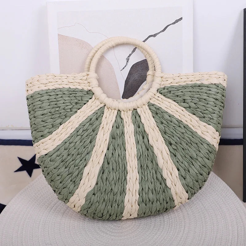 Boho Straw Tote - Half-Moon Woven Bag
