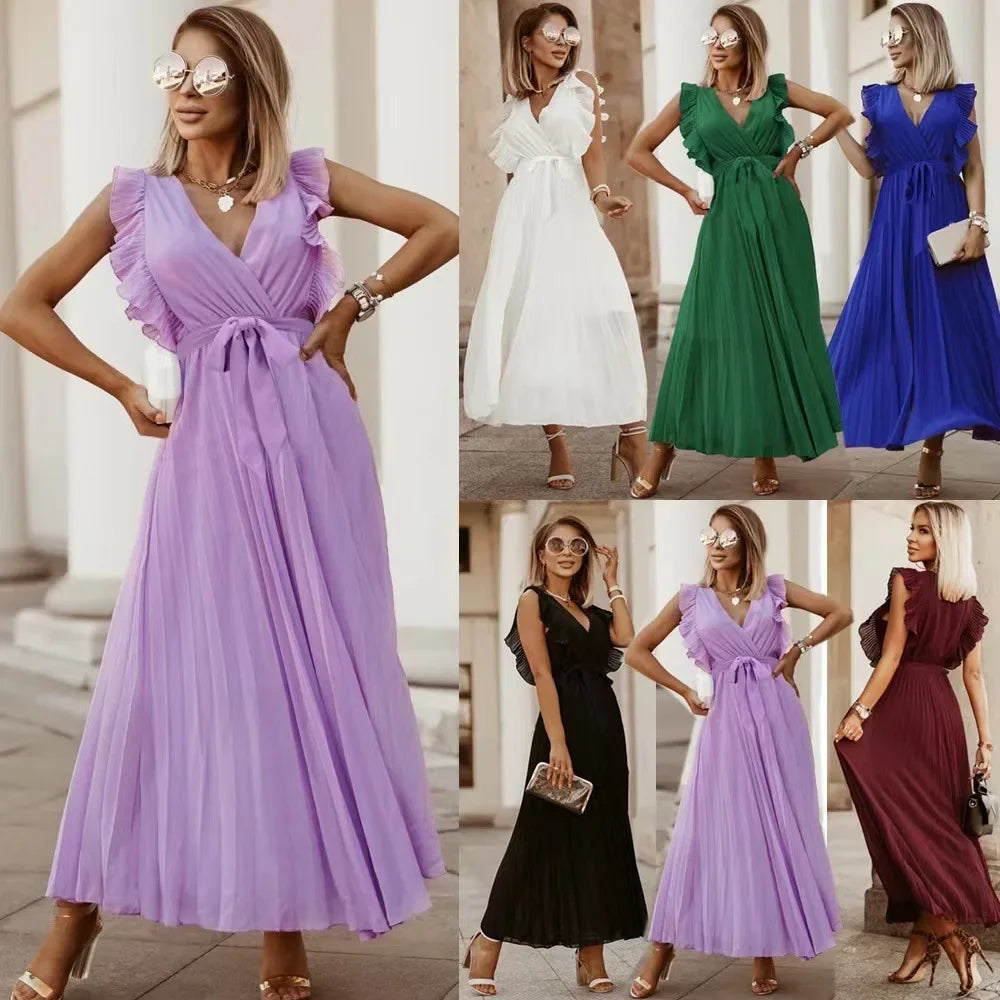 Elegant Long Beach Dress – Slimming Chiffon with Leaflet Sleeves, Solid Color for Women