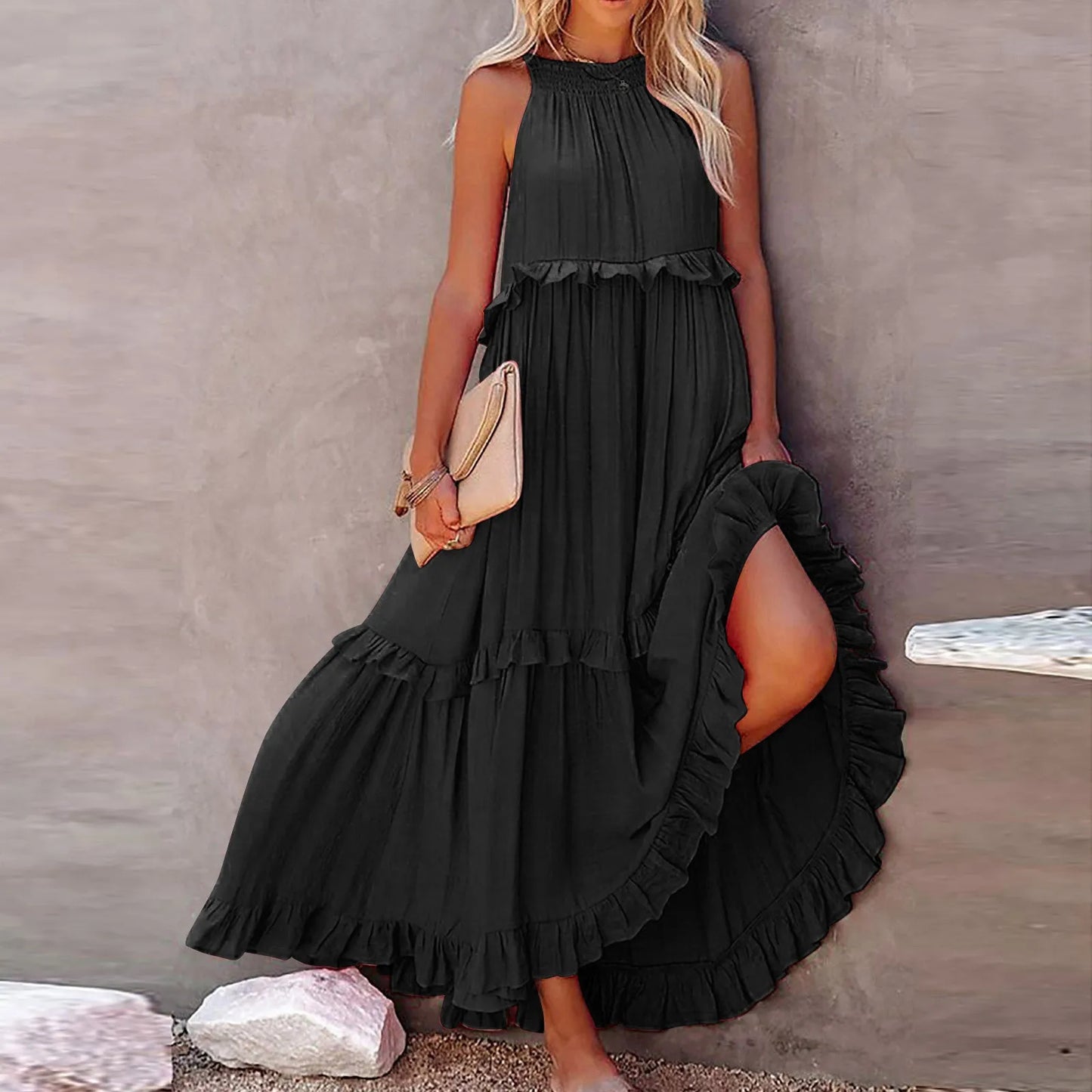Women’s Casual Ruffle Maxi Dress – Sleeveless Summer Sundress for Beach & Parties