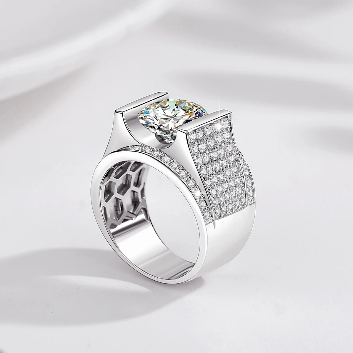 Men's 4CT Moissanite Ring – Real Silver 10mm Hip Hop Wedding Jewelry with Certificate