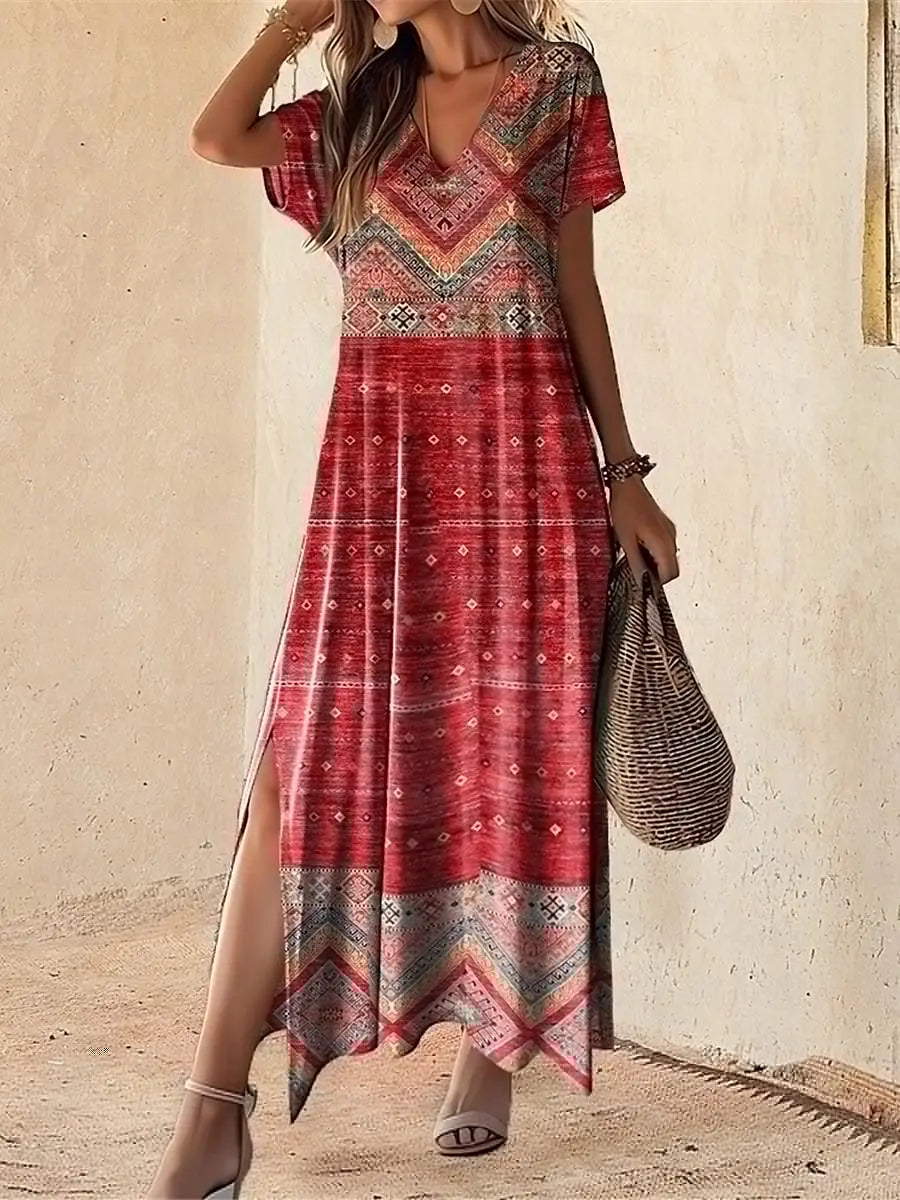 Women’s V-Neck Bohemian Dress – Short Sleeve Summer Skirt with Slit