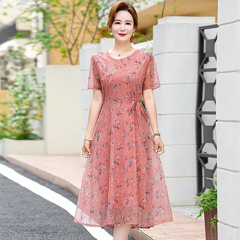 Summer Floral Print Chiffon Dress – Short Sleeve A-Line Beach Dress for Women