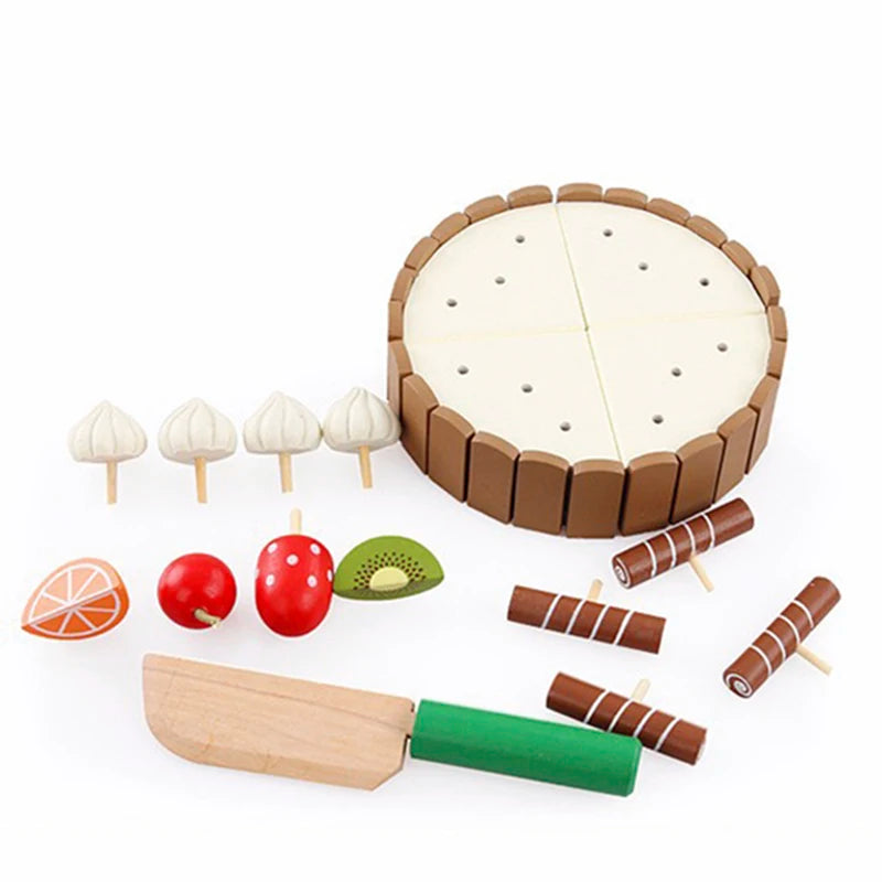 Wooden Kids Kitchen Toy Set – Pretend Play Cutting Cake & Fruit Cooking Toys