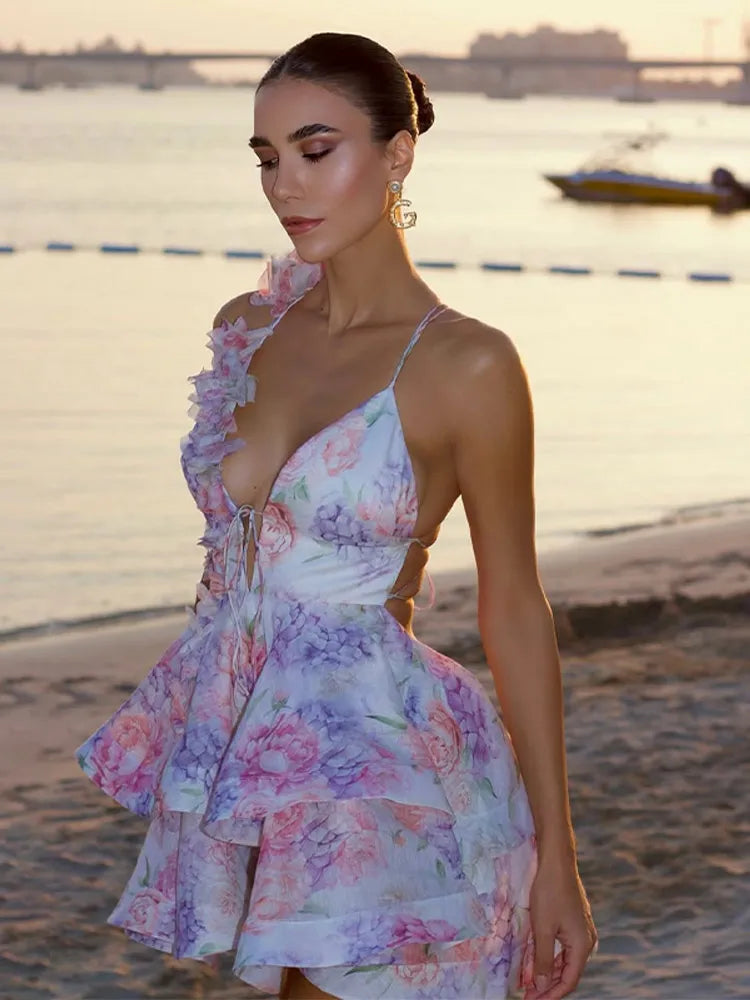 Sweet V-Neck Flare Sleeve Mini Dress – Elegant Pleated A-Line Gown 2025