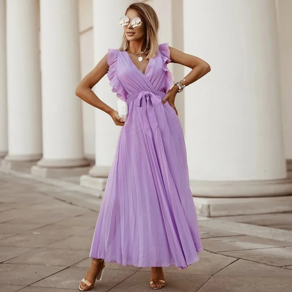 Elegant Long Beach Dress – Slimming Chiffon with Leaflet Sleeves, Solid Color for Women