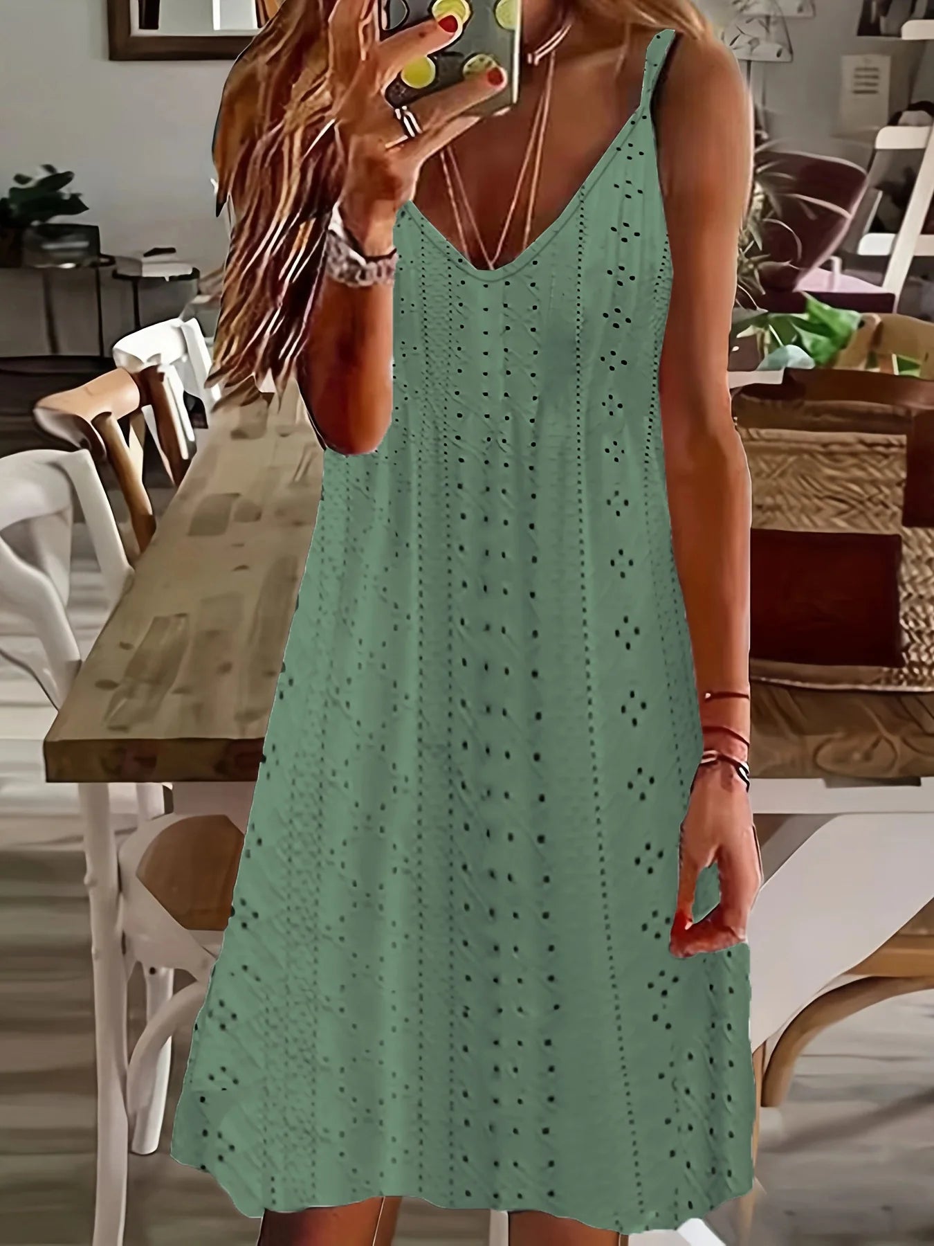 European & American Women's Summer V-Neck Hollow Jacquard Strap Dress