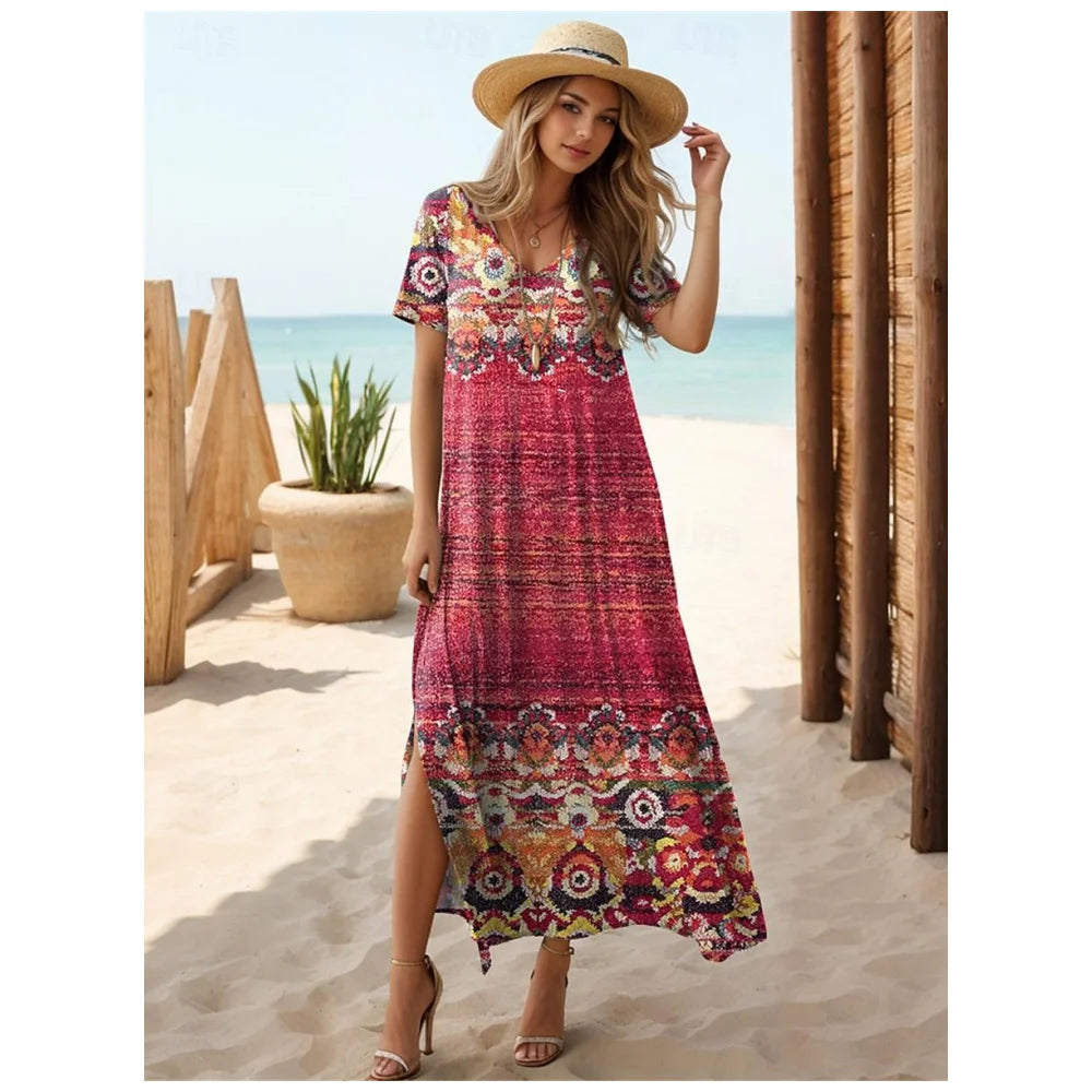 Women’s V-Neck Bohemian Dress – Short Sleeve Summer Skirt with Slit