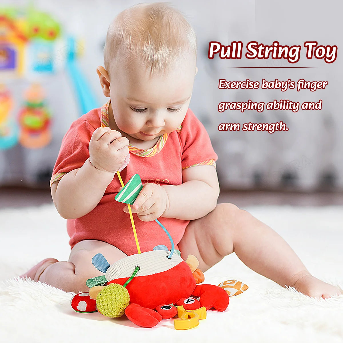 Plush Pull String Sensory Rattle Toy – Montessori Travel Toy for Babies
