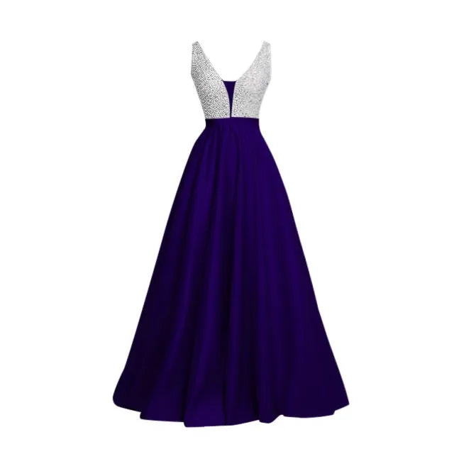 Elegant V-Neck Satin Evening Dress – 2024 Sleeveless Prom Gown