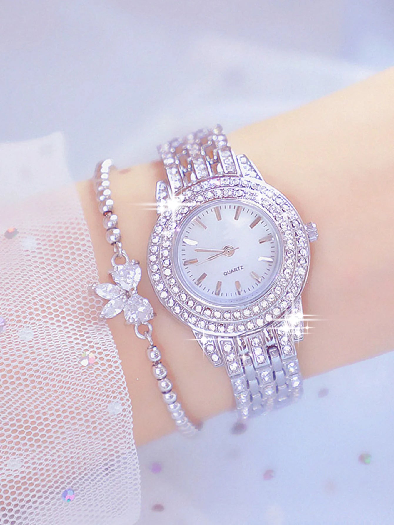 2-Piece Women's Watch Set – Diamond-Studded Alloy Quartz Watch with Bracelet