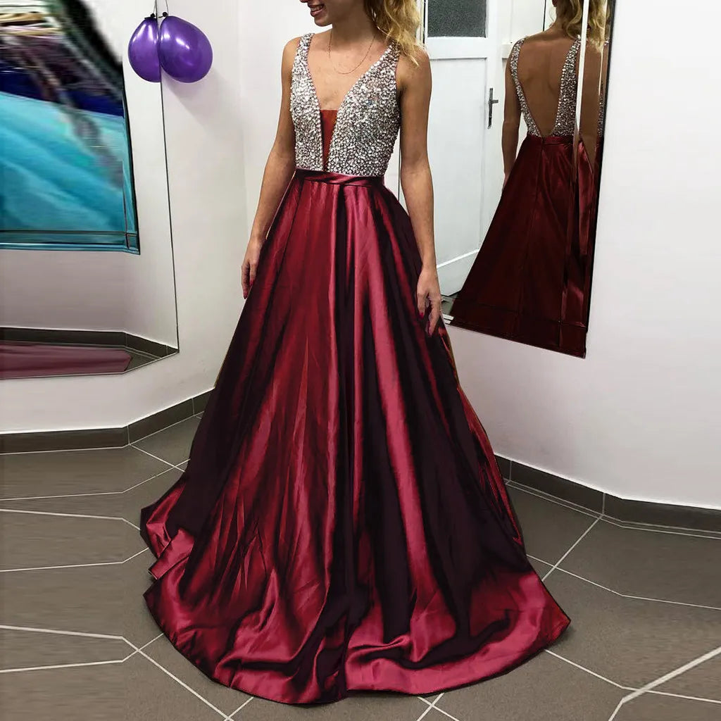 V-Neck Sequin Formal Gown – Sleeveless High-Waist Prom & Party Dress
