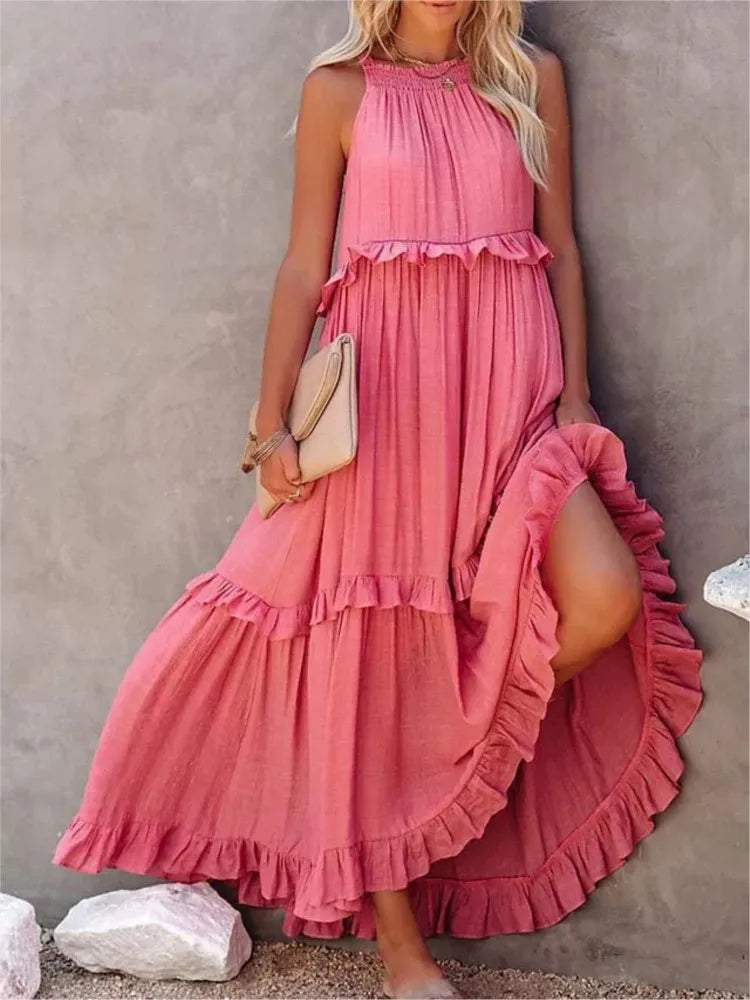Women’s Spring/Summer Ruffle Edge Beach Skirt – Casual Solid Color Swing Maxi Skirt
