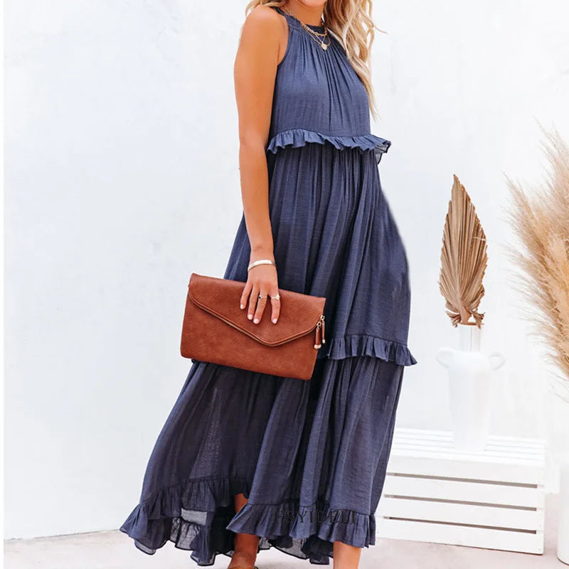 Women’s Spring/Summer Ruffle Edge Beach Skirt – Casual Solid Color Swing Maxi Skirt