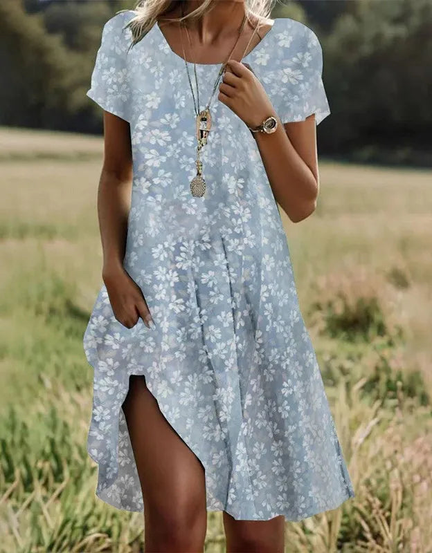 Boho Floral Print Dress – Casual Summer Pullover with Short Sleeves & O-Neck