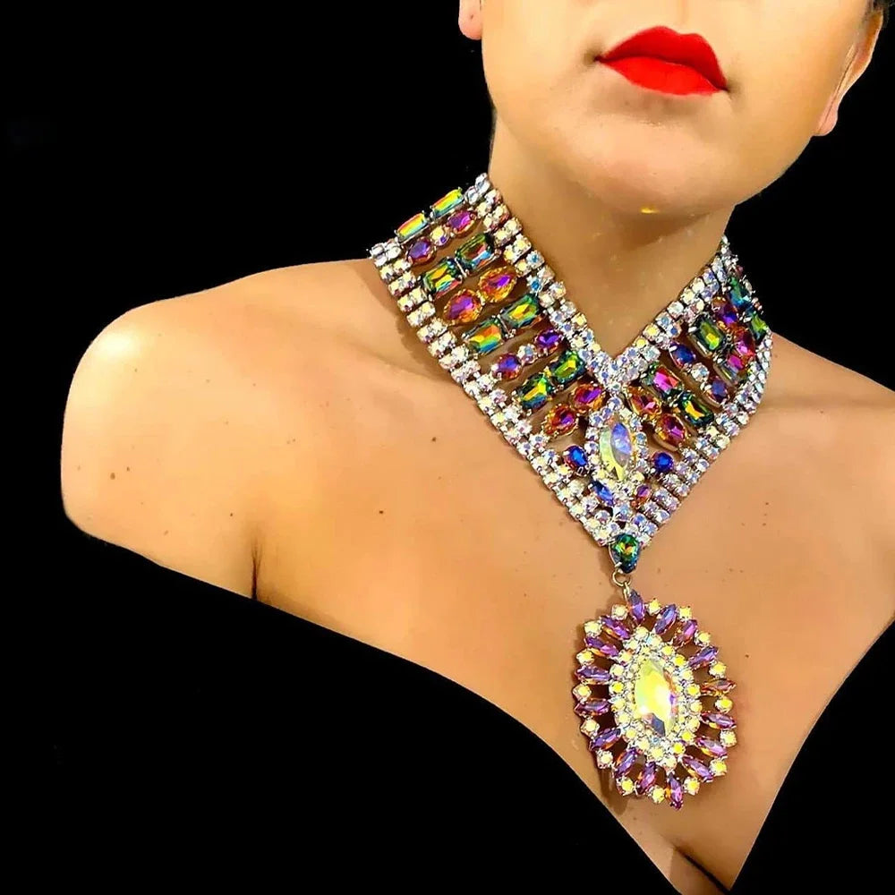 AB Color Rhinestone Jewelry Set – Statement Necklace & Earrings for Women