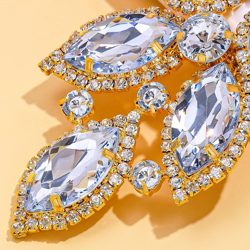 Exaggerated Leaf Rhinestone Jewelry Set – African Bridal Necklace & Earrings