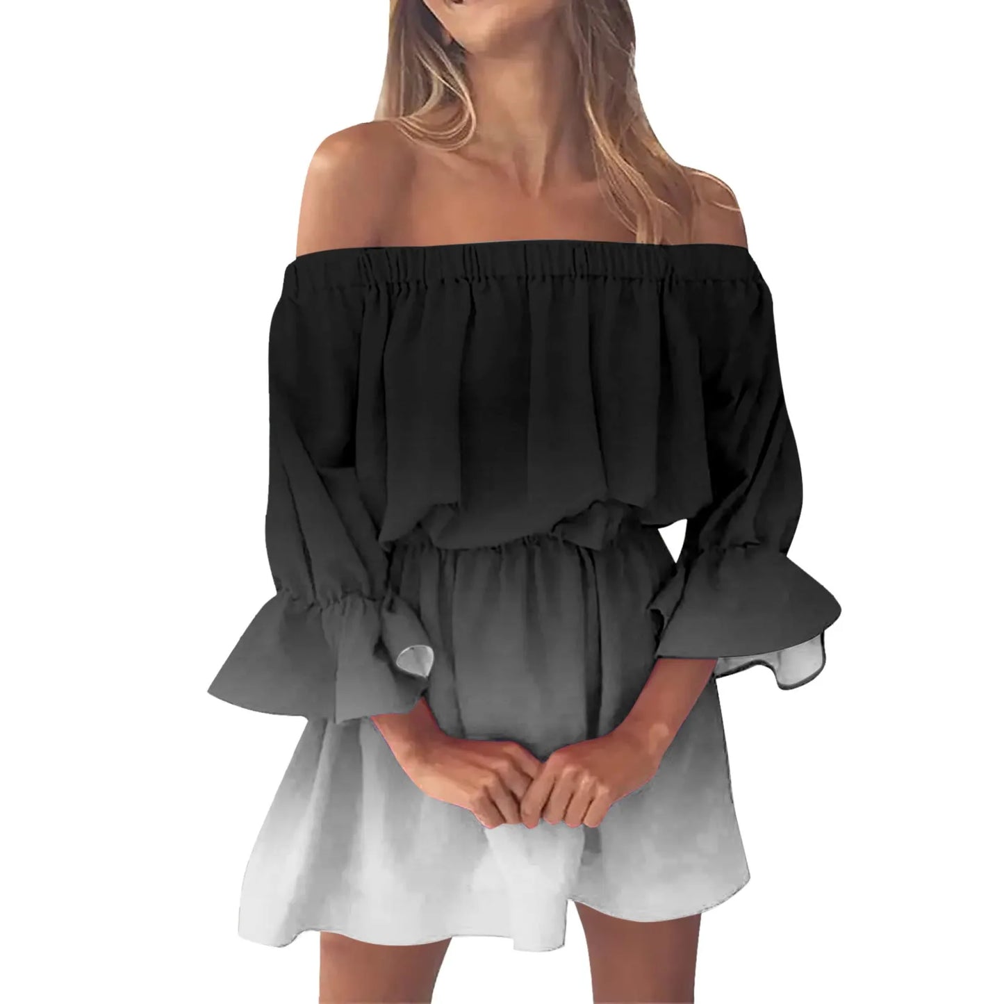 Women’s Gradient Off-Shoulder Boho Sundress – Summer Slash Neck with Ruffles
