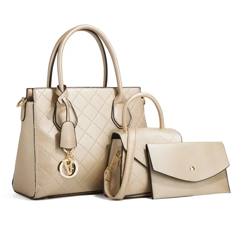 Quilted Handbag Set – 3-Piece Retro Tote, Crossbody & Shoulder Bag