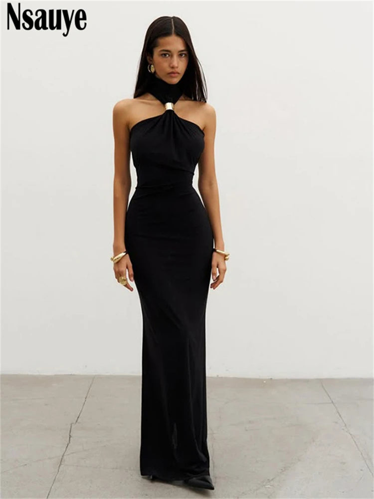 Nsauye Women Sexy Halter Off-Shoulder Evening Dress – 2025 Summer Partywear